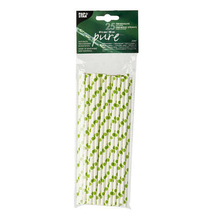 A plastic package contains 25 PAPSTAR paper straws (Ø 6 mm, 20 cm) in a black-and-white striped design. The top label bears the brand of PAPSTAR GmbH and indicates eco-friendly production from renewable resources.