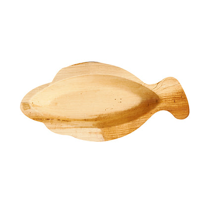 The PAPSTAR plate made from palm leaf "pure" (24x11 cm) in fish design, by PAPSTAR GmbH, is biodegradable and shows natural wood structure. Packed in shrink wrap of 25 pieces, presented on a white background.