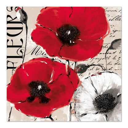 Et bilde med tre valmuer - to røde, en hvit - på beige bakgrunn med kursiv skrift og "FLEURS" på siden, perfekt for PAPSTAR 20 servietter, 33x33 cm, 3-lags 1/4-fals design sett 5 fra PAPSTAR GmbH.