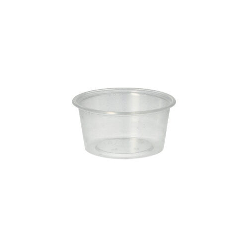 The Starpak 50 dressing cup, PP round Ø 7.1 cm transparent by Starpak features smooth sides and a slightly rolled rim, ideal for catering service, depicted against a plain white background.