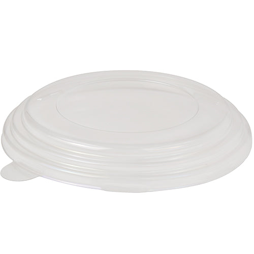 The Starpak 45 lid for salad bowls, PS "To Go" Ø 15 cm, is a transparent, round lid with a raised edge and flat center - ideal for takeaway. Shown here in transparent polystyrene (PS), pack of 45 pieces.