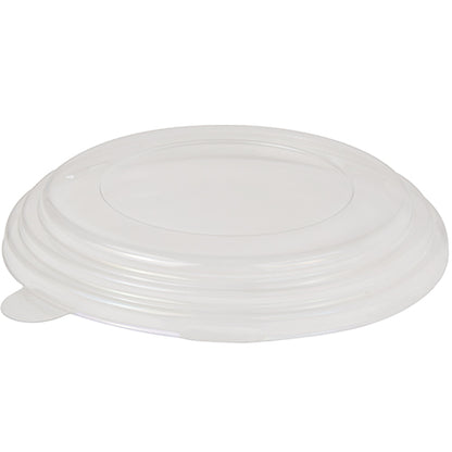 The Starpak 45 lid for salad bowls, PS "To Go" Ø 15 cm, is a transparent, round lid with a raised edge and flat center - ideal for takeaway. Shown here in transparent polystyrene (PS), pack of 45 pieces.