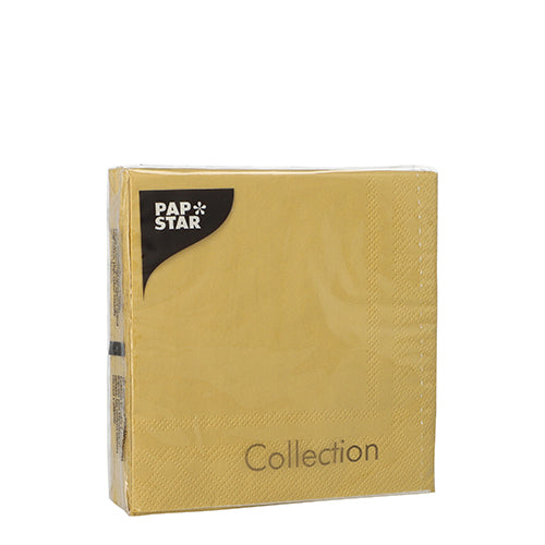 Un paquete sellado con 20 servilletas PAPSTAR (25x25 cm, 3 capas, 1/4 pliegue) de la PAPSTAR GmbH está de pie frente a un fondo blanco, ideal para una decoración de mesa elegante.