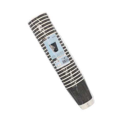 Eine Packung mit 25 schwarzen Starpak „To Go“ Ripple Wall Pappbechern mit weißen Streifen, in Plastikfolie eingewickelt. Das blaue Etikett zeigt die Marke Starpak und hebt diese stilvollen Einweg-Trinkbecher vor weißem Hintergrund hervor.