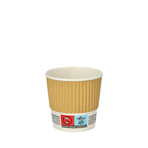 A single PAPSTAR 25 drinking cup, paper "To Go" Ripple Wall from PAPSTAR GmbH, features a brown ribbed exterior with multilingual symbols and text around the lower edge, displayed against a plain white background.