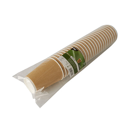 A sealed plastic package contains a stack of 25 PAPSTAR drinking cups, paper "To Go" Ripple Wall from PAPSTAR GmbH, with a brown wave structure outside, white interior, and a green-white label with product details.