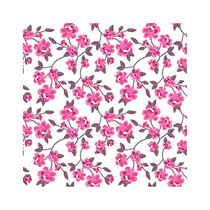 Las PAPSTAR 20 servilletas (25x25 cm, 3 capas, 1/4 pliegue) de la PAPSTAR GmbH muestran un patrón floral repetitivo en rosa con hojas verde grisáceo sobre fondo blanco, ideal para una decoración de mesa elegante o un uso elegante de servilletas.