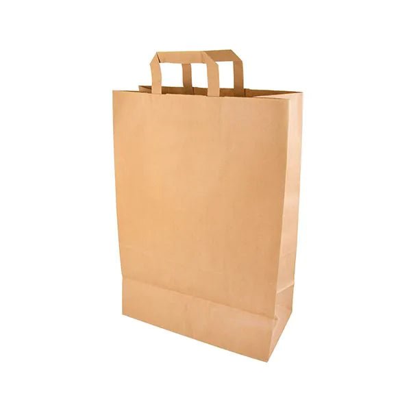 A PAPSTAR 50 carrier bag, paper with handle from PAPSTAR GmbH stands upright on a white background. The eco-friendly, unused bag has a flat bottom and two rectangular handles.