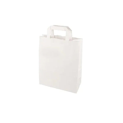 A PAPSTAR GmbH carrier bag made of white paper with a flat handle from the set "PAPSTAR 50 carrier bags" stands upright against a white background.