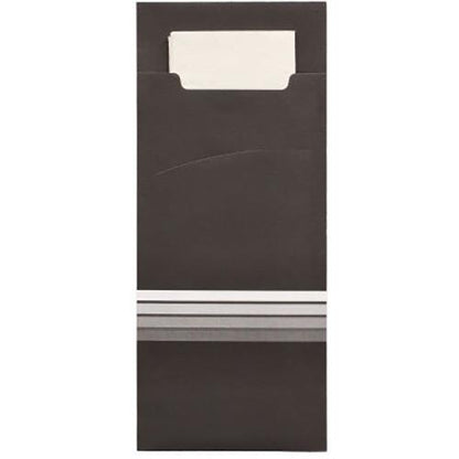 Las PAPSTAR 520 bolsas de cubiertos de la PAPSTAR GmbH son fundas de papel negras (20 x 8,5 cm) con tres rayas blancas/grises en la parte inferior y una servilleta blanca a juego que es parcialmente visible en la parte superior.