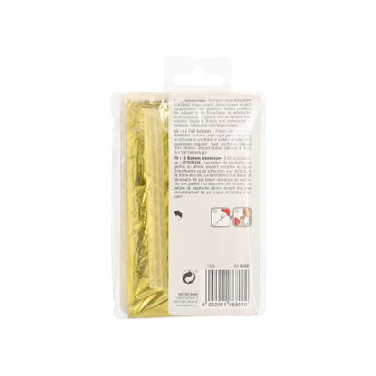 Eine in einem durchsichtigen Plastikbeutel verpackte Rettungsdecke mit sichtbarer Goldfolie, die an den Schimmer eines Folienluftballon-Sets „Happy Birthday“ der PAPSTAR GmbH erinnert, weist auf der Rückseite der Packung eine Gebrauchsanweisung und einen Barcode auf.