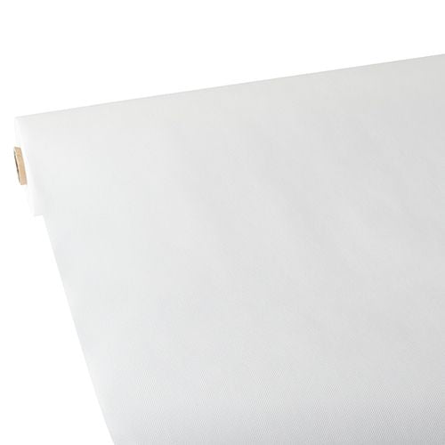 Un gran rollo de mantel Starpak, similar a tela, fieltro "Soft Selection" (25 m x 1,18 m, blanco) se encuentra desenrollado sobre una superficie plana, con la superficie lisa visible en el borde curvado hacia arriba. El rollo de Starpak se ve diagonalmente desde una esquina.