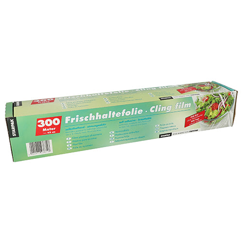 Die Starpak Frischhaltefolie Faltschachtel ist eine rechteckige Schachtel aus Frischhaltefolie (300 Meter) mit grüner Verpackung und der Aufschrift „Frischhaltefolie“ und „Cling Film“, die Salatbilder und Anweisungen zum Frischhalten Ihrer Lebensmittel enthält.