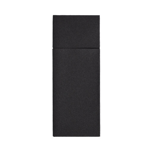 A rectangular black Starpak 480 cutlery bag box with a separate lid, presented vertically on a white background. Ideal for the hygienic presentation of Airlaid cutlery bags (40 x 33 cm) with cutlery fold.
