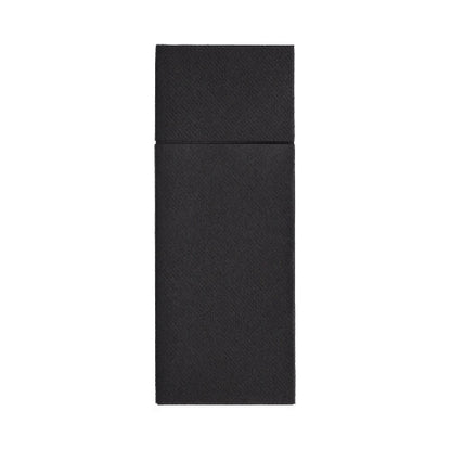A rectangular black Starpak 480 cutlery bag box with a separate lid, presented vertically on a white background. Ideal for the hygienic presentation of Airlaid cutlery bags (40 x 33 cm) with cutlery fold.