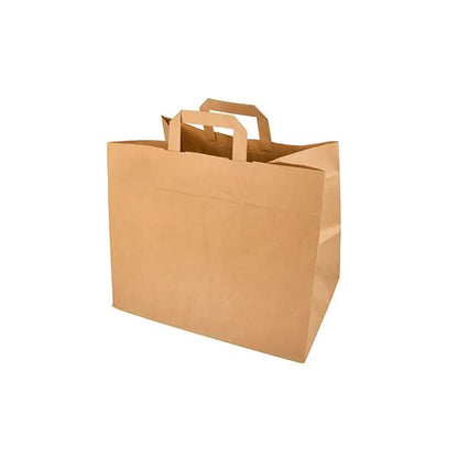 The PAPSTAR GmbH 50 carrier bags paper with handle, in plain brown with flat handles, is depicted upright against a white background, highlighting the eco-friendly design and the spacious empty sides and bottoms.