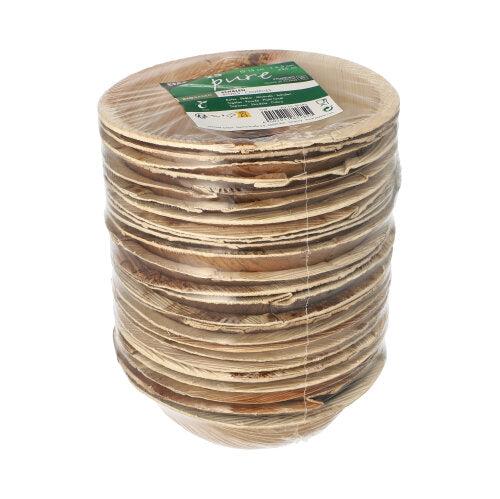 PAPSTAR 25 Schalen, Palmblatt „pure“ rund von PAPSTAR GmbH: Runde, biologisch abbaubare Schalen aus Palmblatt, verpackt in Folie mit grün-weißem Etikett – ideal für nachhaltige Veranstaltungen.