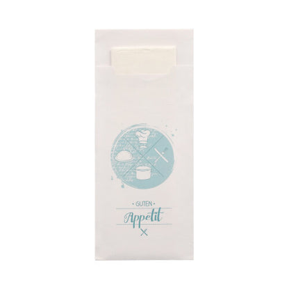 Las 520 bolsas de cubiertos (20 x 8,5 cm) de la PAPSTAR GmbH se entregan con una servilleta de 2 capas a juego (33 x 33 cm). La funda blanca está decorada con un motivo circular azul claro con alimentos y cubiertos, así como la inscripción "Guten Appetit", y la servilleta es parcialmente visible en el interior.