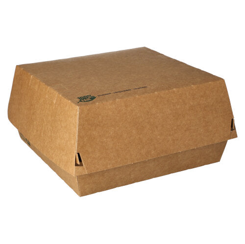 Die PAPSTAR 25 Burgerboxen aus brauner Pappe, extra groß (9 x 18,5 x 18,5 cm), „100% Fair“, mit Klappdeckel – ideal für Takeout oder Lieferung (25 Stück) vor weißem Hintergrund.