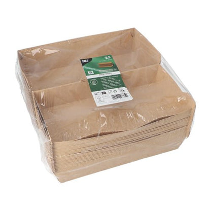 A stack of brown PAPSTAR baguette boxes "pure" (7.5 x 10.7 x 22 cm) from PAPSTAR GmbH is packed in clear plastic; the top label for 25 trays shows green-white branding, recycling symbols, and the eco-friendly message "100% Fair | Film".