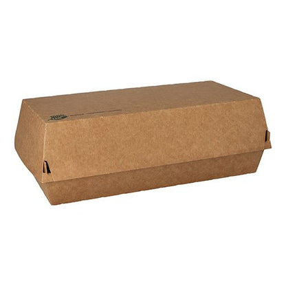 A closed, rectangular PAPSTAR baguette box "pure", brown (7.5x10.7x22 cm) made of eco-friendly cardboard with a hinged lid from PAPSTAR GmbH lies on a white background.