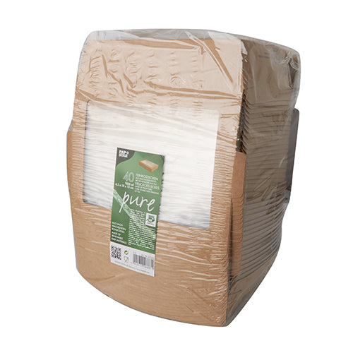 Un gran paquete de PAPSTAR 40 cajas de delicatessen de papel marrón, envuelto en film transparente con etiqueta verde, contiene cajas sostenibles con ventana de PLA - ideal para eventos conscientes del medio ambiente. Fabricado por PAPSTAR GmbH con materiales 100% justos.