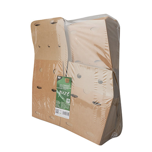 A pack of 50 PAPSTAR French fry boxes made of brown "pure" cardboard with the label "100% fair", packed in transparent foil. Environmentally friendly produced by PAPSTAR GmbH for a sustainable choice.