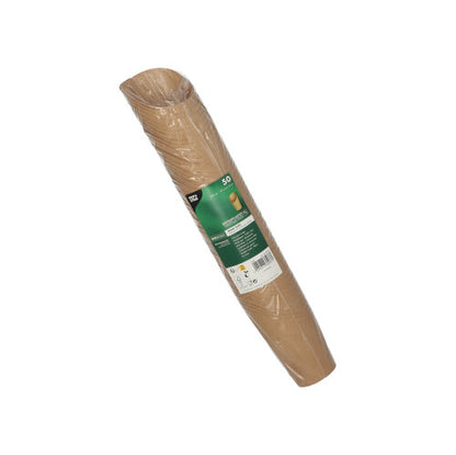 På hvit bakgrunn er en skråliggende rull av brune PAPSTAR 50 Wrap Cups (brun papp) avbildet, som er pakket inn i klar folie og har en grønn-hvit etikett fra PAPSTAR GmbH.