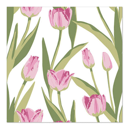Illustrasjon av rosa blomstrende tulipaner med grønne blader på hvitt, ideell som repeterbar mal for PAPSTAR 20 servietter, 33 cm x 33 cm, 3-lags 1/4-fold design sett 1 fra PAPSTAR GmbH.