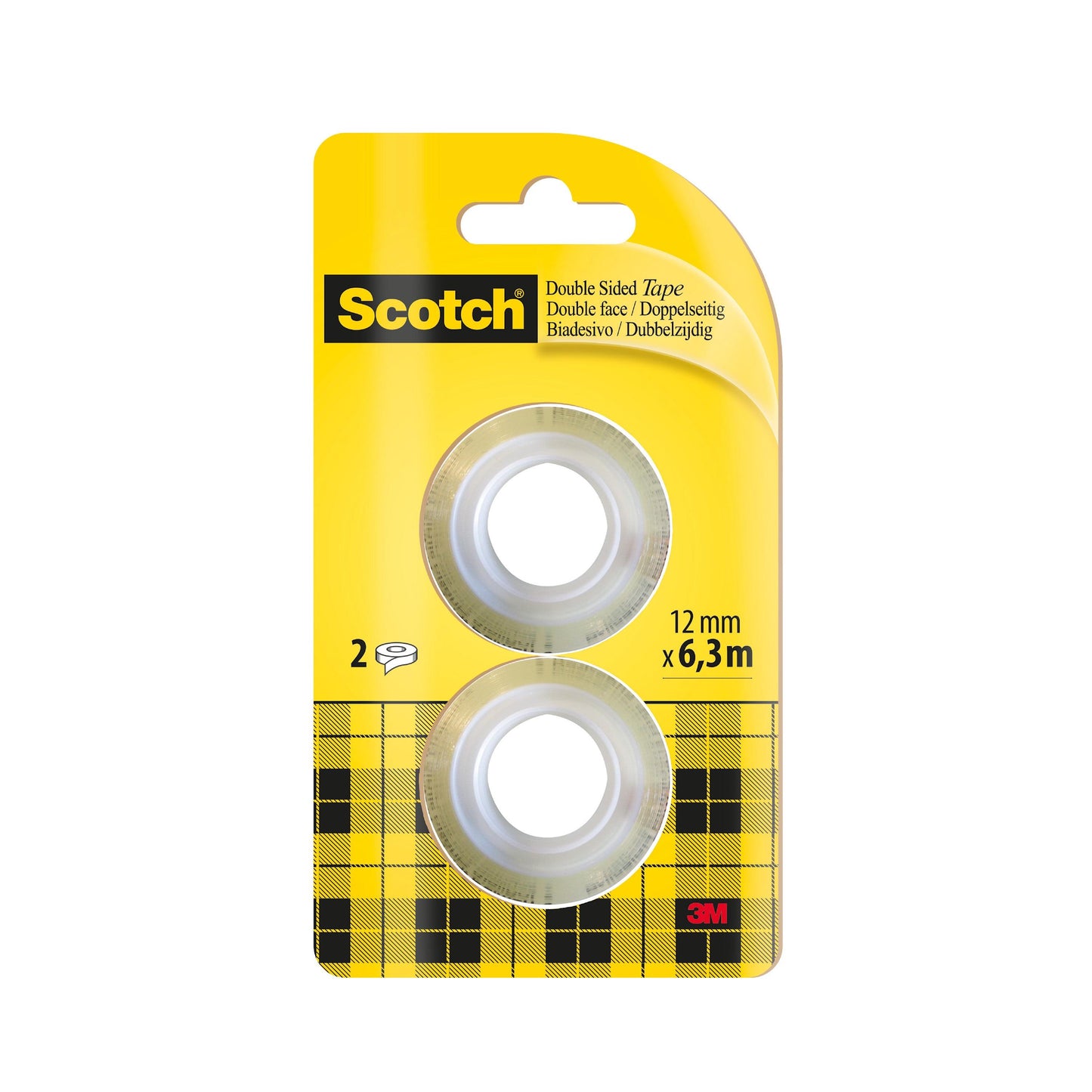 Die Scotch® doppelseitige Klebeband Nachfüllpackung von 3M Deutschland GmbH enthält 2 Rollen à 12 mm x 6,3 m im gelb-karierten Design mit Scotch Logo - ideal als praktische Nachfüllpackung für Ihren Klebebedarf.