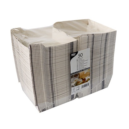 A sealed package of 50 PAPSTAR burger boxes "Newsprint" large (7.8x11x11.5 cm) from PAPSTAR GmbH, made of sturdy cardboard, with a striped newspaper motif and product label, sealed in semi-transparent shrink wrap.