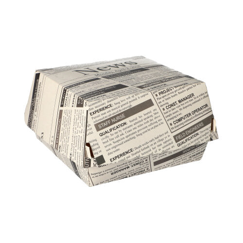 The PAPSTAR burger boxes "Newsprint" large (7.8x11x11.5 cm, cardboard | shrink wrap, 50 pieces) from PAPSTAR GmbH are closed food containers with a black and white newspaper motif on a plain white background.