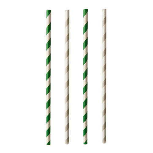 Four PAPSTAR paper straws Ø 6 mm, 20 cm with black-and-white stripes are arranged in a row on a white background. The biodegradable straws from PAPSTAR GmbH are a sustainable choice for your drinks.