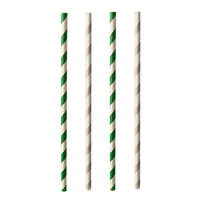 Four PAPSTAR paper straws Ø 6 mm, 20 cm with black-and-white stripes are arranged in a row on a white background. The biodegradable straws from PAPSTAR GmbH are a sustainable choice for your drinks.