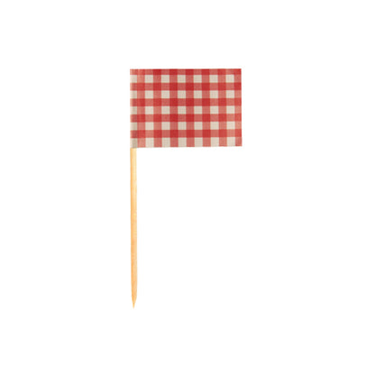 The PAPSTAR 200 decoration picks 8 cm from PAPSTAR GmbH is a small wooden toothpick with a red and white checkered flag, ideal for finger food or catering, isolated on a white background.