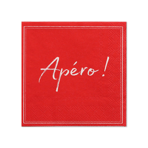 Un paquete de 20 servilletas rojas de 3 capas (25 x 25 cm, 1/4 pliegue) de PAPSTAR GmbH con borde blanco y "Apéro!" en escritura blanca en el centro.
