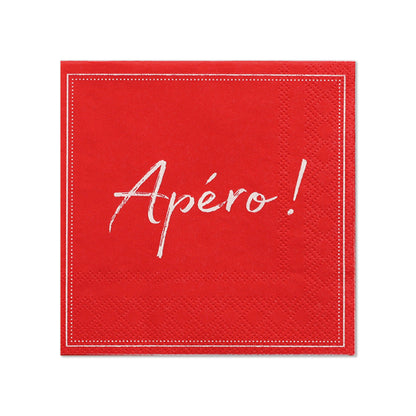 Un paquete de 20 servilletas rojas de 3 capas (25 x 25 cm, 1/4 pliegue) de PAPSTAR GmbH con borde blanco y "Apéro!" en escritura blanca en el centro.