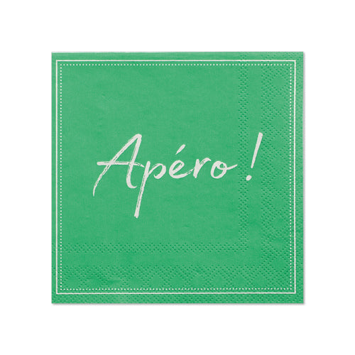 Las PAPSTAR 20 servilletas (25x25 cm, 3 capas, 1/4 pliegue) de PAPSTAR GmbH se presentan en un diseño verde con costura blanca y el texto "Apéro!" - ideal para una decoración de mesa elegante en cualquier reunión.