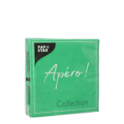Un paquete verde sellado con 20 servilletas PAPSTAR (25x25 cm, 3 capas, 1/4 pliegue) de PAPSTAR GmbH con la inscripción "Apéro! Collection" en el frente es ideal para la decoración de la mesa. La foto muestra el paquete sobre un fondo blanco.