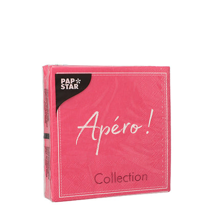Se muestra un paquete rosa sellado con 20 servilletas PAPSTAR (25x25 cm, 3 capas, 1/4 pliegue) de la PAPSTAR GmbH con texto blanco en la parte frontal y una etiqueta de esquina negra.