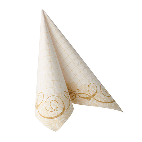 Una servilleta doblada de oro PAPSTAR ROYAL Collection 1/4-fold (40 x 40 cm) de PAPSTAR GmbH se sostiene verticalmente sobre un fondo blanco.