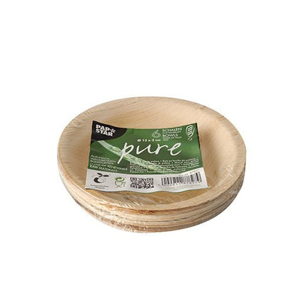 A stack of PAPSTAR palm leaf bowls "pure" round, 13 cm, environmentally friendly (6 pieces) from PAPSTAR GmbH is shrink-wrapped - ideal sustainable disposable tableware for eco-conscious occasions.