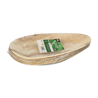 Ein Stapel ovaler Palmblatt-Teller „pure“ der PAPSTAR GmbH mit 6 Tellern, in durchsichtiger Folie eingewickelt und mit einem grün-weißen Etikett versehen – perfekt für umweltfreundliche Veranstaltungen.
