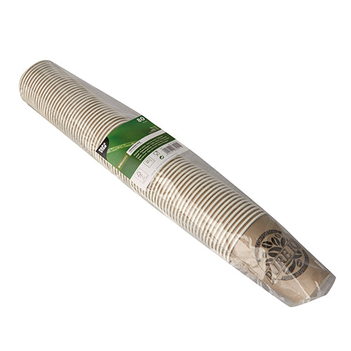 Ein Stapel PAPSTAR 80 Trinkbecher aus Pappe „Pure Joy“ von PAPSTAR GmbH im modernen Design, verpackt in transparenter Folie mit grün-weißem Etikett.