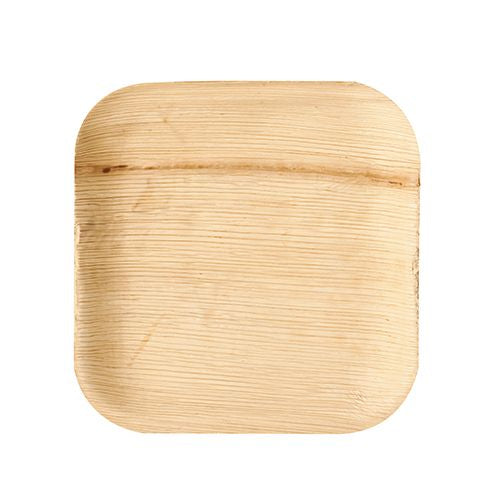 Den PAPSTAR tallerken laget av palmeblad "ren", firkantet (18x18 cm), miljøvennlig, fra PAPSTAR GmbH, viser seg med synlig årring og avrundede hjørner på hvit bakgrunn; 25 stykker i esken.