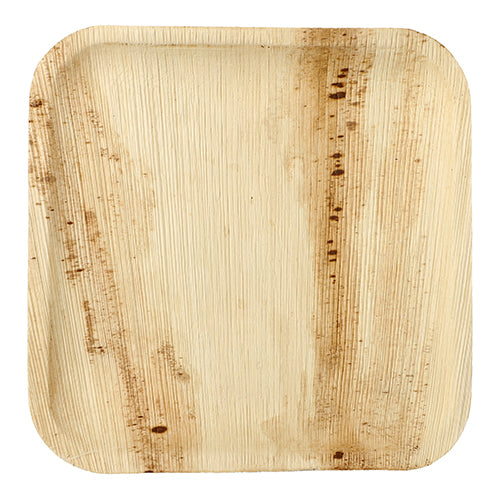 The PAPSTAR palm leaf plate "pure" square (25.5 cm) from PAPSTAR GmbH is a square, environmentally friendly plate with visible wood grain - biodegradable and available in a box of 25 pieces.