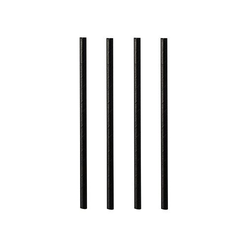 Four black PAPSTAR paper cocktail straws (7 mm x 10 cm) from PAPSTAR GmbH stand upright in a row against a white background.
