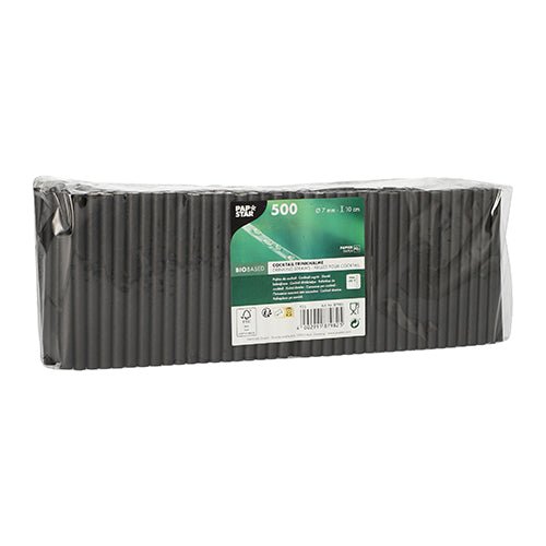 500 PAPSTAR cocktail drinking straws made of paper (7 mm, 10 cm, black) packed in clear foil by PAPSTAR GmbH. Straws made from bio-based paper, neatly stacked, are ideal for cocktails and events. Green and white label on the front.