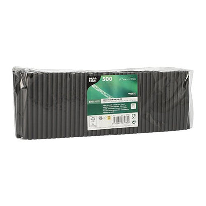 500 PAPSTAR cocktail drinking straws made of paper (7 mm, 10 cm, black) packed in clear foil by PAPSTAR GmbH. Straws made from bio-based paper, neatly stacked, are ideal for cocktails and events. Green and white label on the front.