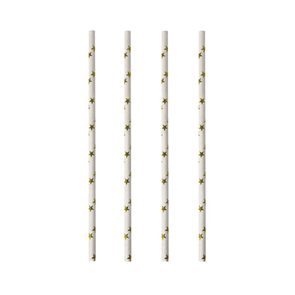 Four PAPSTAR paper straws (black/white "Stripes", Ø 6 mm, 20 cm) are arranged vertically and evenly on a white background. The eco-friendly straws from PAPSTAR GmbH are biodegradable.